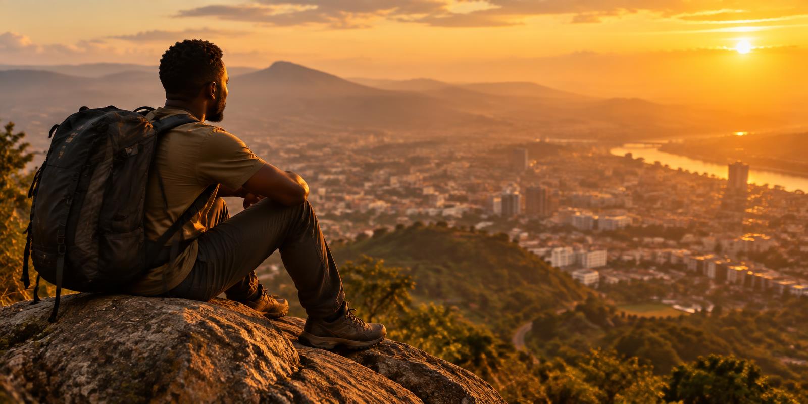 Man overlooking the city at sunset